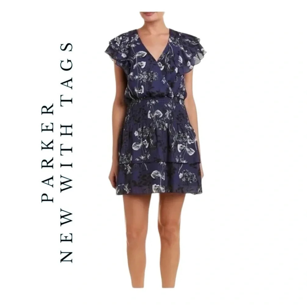 1862. PARKER NQVY PARADISE DRESS SIZE XSMALL NAVY BLUE IN COLOR FLORAL PATTERN